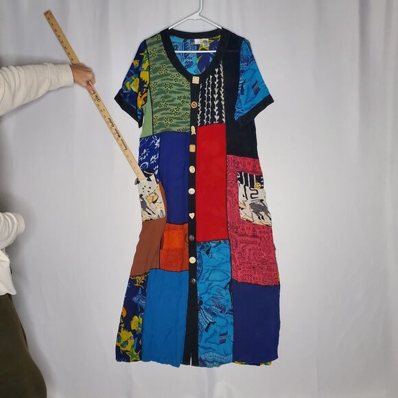 La Cera Crinkle Button Front Dress Medium Patchwork Pocket Artsy Shabby Chic - Picture 5 of 10